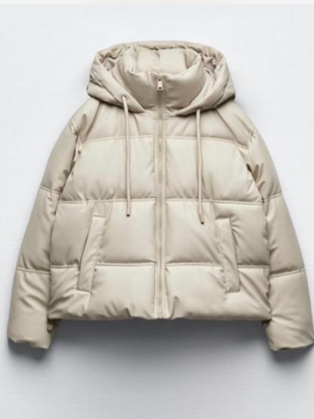 Zara Puffer Hooded Jacket Faux Leather Cream Gray Size M Oversized Lightly Cropp